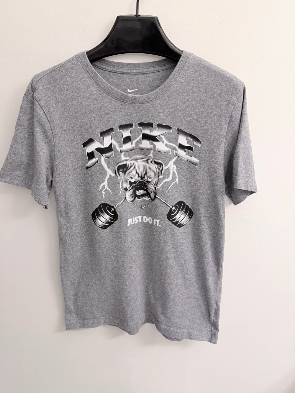 Nike Gray Short Sleeve Graphic Tee with Bulldog and Weights